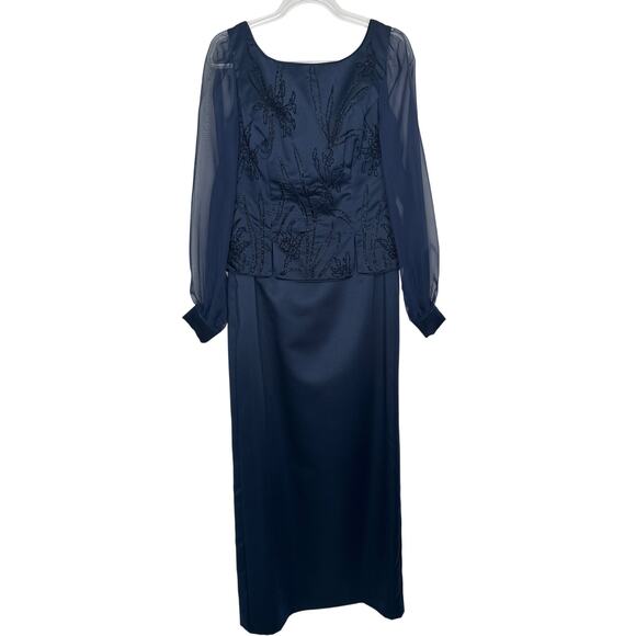 1990s Eve of Milady Navy Beaded Evening Dress with Sheer Sleeves M - L - Picture 2 of 14